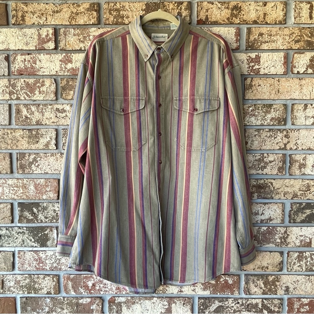 Men’s St. John’s Bay Shirt Size XLT Tan Multicolor Stripes Maroon Buttons Nice!